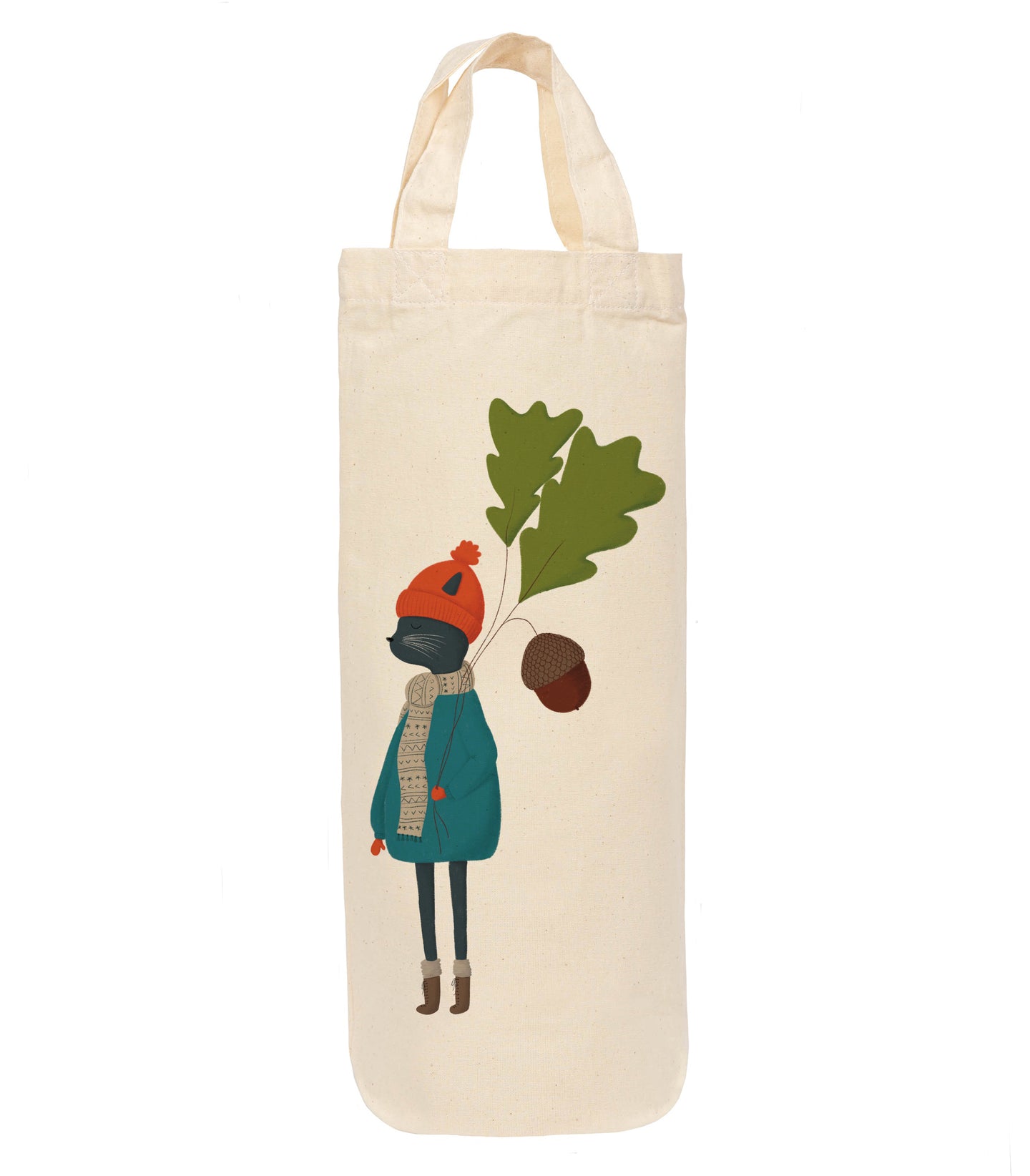 cat with acorn bottle bag - wine tote - gift bag