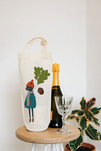 cat with acorn bottle bag - wine tote - gift bag