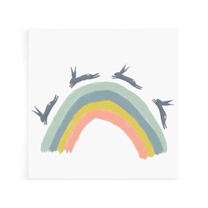Rabbits over a rainbow greeting card