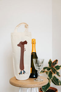Roller skating dog bottle bag - wine tote - gift bag