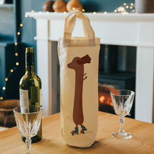 Roller skating dog bottle bag - wine tote - gift bag