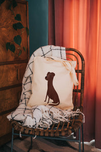 Picture of a brown dog printed on a tote bag 