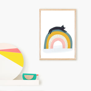 Print of a cat lying on top of a rainbow 