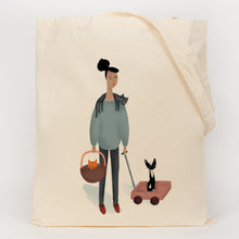 Load image into Gallery viewer, Lady with lots of cats printed onto a cotton tote bag
