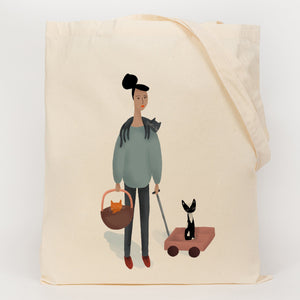 Lady with lots of cats printed onto a cotton tote bag