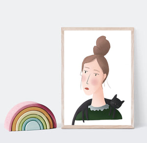 Print of a portrait of a lady with a cat over her shoulders 
