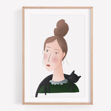 Load image into Gallery viewer, Print of a portrait of a lady with a cat over her shoulders 
