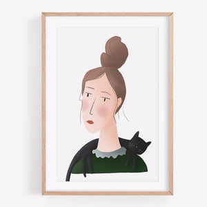 Print of a portrait of a lady with a cat over her shoulders 