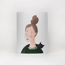 Load image into Gallery viewer, lamp shade with a picture of a lady with a cat draped over her shoulders 
