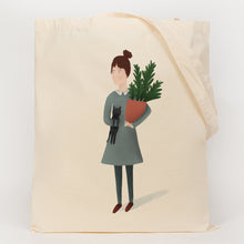 Load image into Gallery viewer, Lady carrying cat and plant on cotton shopping bag 
