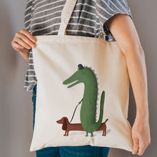 Load image into Gallery viewer, crocodile with dog reusable, cotton, tote bag
