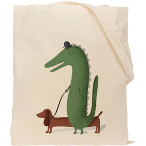 crocodile with dog reusable, cotton, tote bag