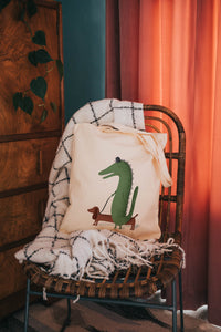 crocodile with dog reusable, cotton, tote bag