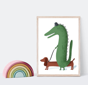 Crocodile and sausage dog art print