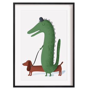 Crocodile and sausage dog art print