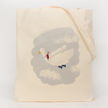 Load image into Gallery viewer, Picture of girl riding flying duck printed onto a cotton tote bag  
