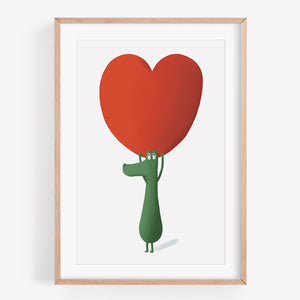 Print of an alligator holding up a giant heart 
