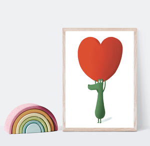 Print of an alligator holding up a giant heart 