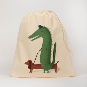 Kids alligator and sausage dog drawstring bag