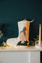 Load image into Gallery viewer, Lady with cat on shoulders Christmas stocking
