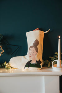 Lady with cat on shoulders Christmas stocking