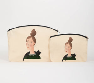 lady with cat cosmetic bag