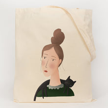 Load image into Gallery viewer, Picture of a lady with a cat on her shoulders printed onto a bag 
