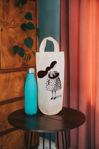 Lady with cat bottle bag - wine tote - gift bag
