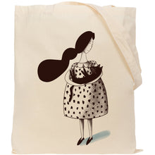 Load image into Gallery viewer, Lady with cat reusable, cotton, tote bag
