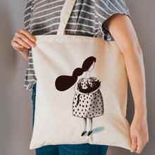 Load image into Gallery viewer, Lady with cat reusable, cotton, tote bag
