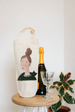 Load image into Gallery viewer, Lady with cat on shoulders bottle bag - cat - wine tote - gift bag
