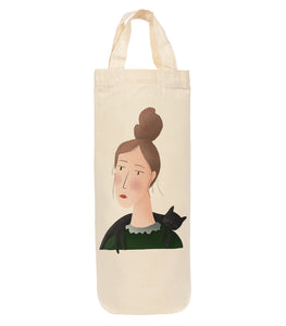 Lady with cat on shoulders bottle bag - cat - wine tote - gift bag