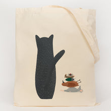 Load image into Gallery viewer, Cat with lunch (mouse, bird and insects) cotton tote bag 

