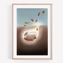 Load image into Gallery viewer, Print of a mouse in a hole in the ground with falling autumn leaves 
