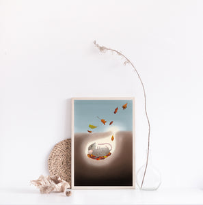 Print of a mouse in a hole in the ground with falling autumn leaves 