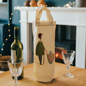 Lady with dog bottle bag - wine tote - gift bag