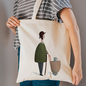 Lady with dog reusable, cotton, tote bag