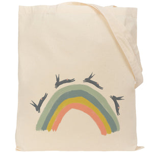 Rabbits over the rainbow reusable, cotton, tote bag