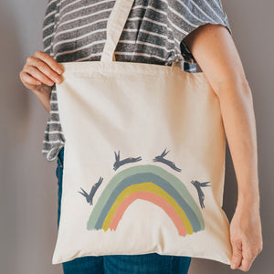 Rabbits over the rainbow reusable, cotton, tote bag