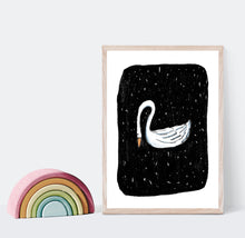 Load image into Gallery viewer, Print of a white swan on black background
