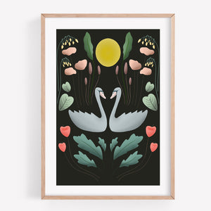 Print of swans surrounded by plants on black background