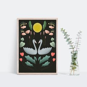 Print of swans surrounded by plants on black background
