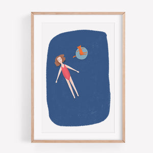 Print of a lady floating in water with a cat in a rubber ring