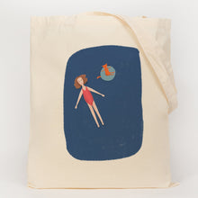 Load image into Gallery viewer, Lady and cat relaxing floating in a swimming pool printed onto a cotton bag
