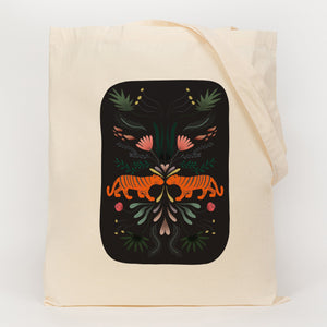 tiger and plants printed onto cotton tote bag 
