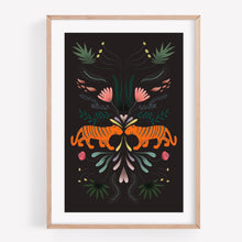 Load image into Gallery viewer, Print of symetry tigers facing each other surrounded by plants 
