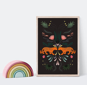 Print of symetry tigers facing each other surrounded by plants 