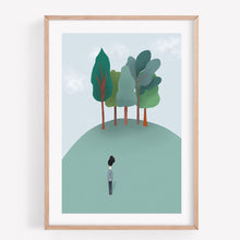 Load image into Gallery viewer, Print of a lady standing on a hill looking at trees 
