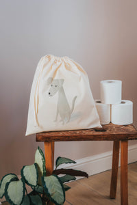 White dog drawstring bag