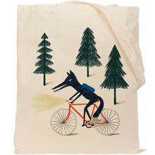 Load image into Gallery viewer, Wolf on a bike reusable, cotton, tote bag
